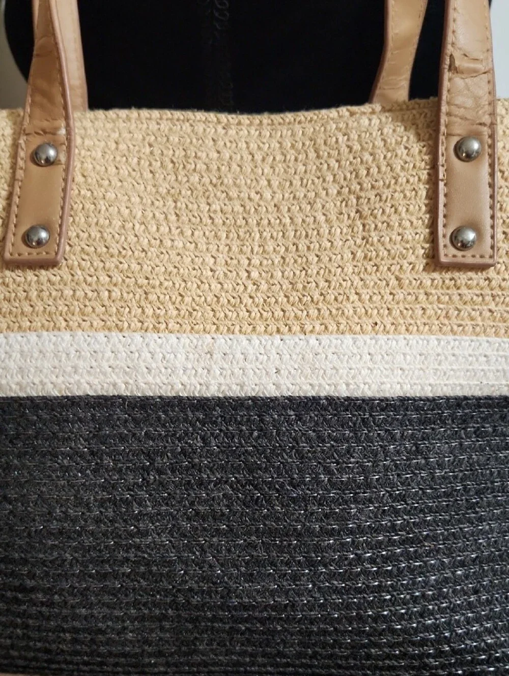 Neutral Colorblock Straw Tote Bag with Tan Handles